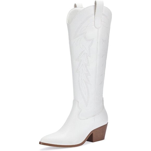 Women's White Cowboy Boots Wide Calf Knee High With Zip Classic Chunky Heel - Picture 1 of 6